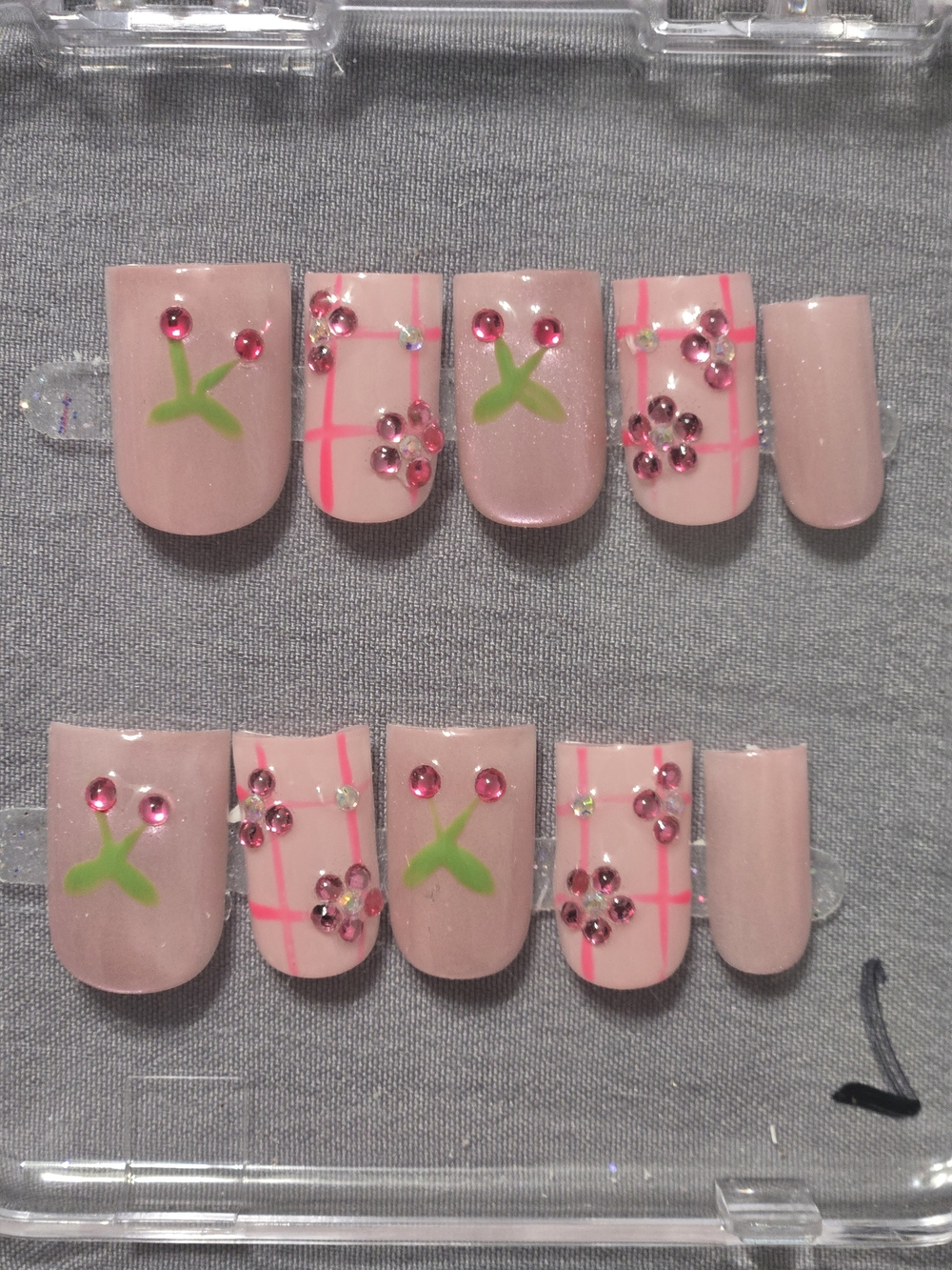 Pink Floral Crystal Press-On Nail Set, Playful Summer,  Baby Duck short Length
